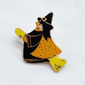 Vintage Halloween Witch on Broomstick Pin Brooch